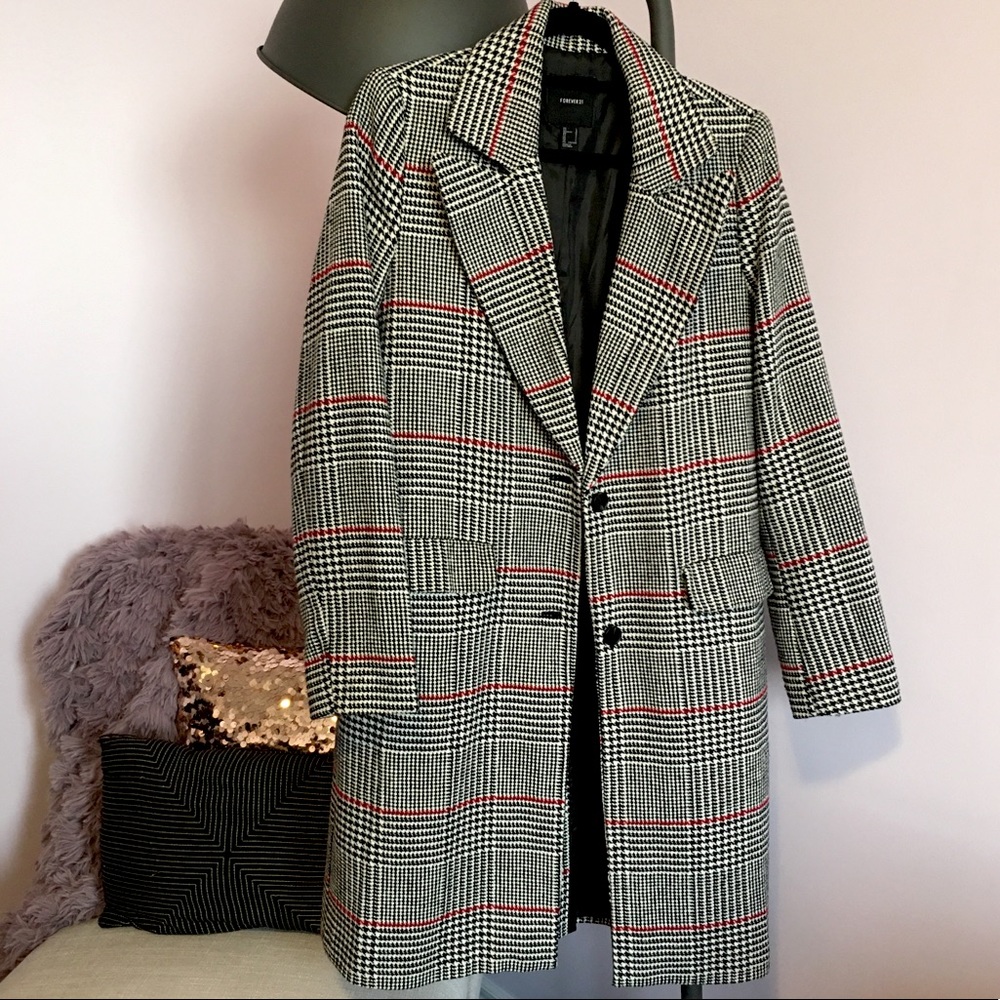 Houndstooth/Plaid Notch Collar Wool Blend Coat